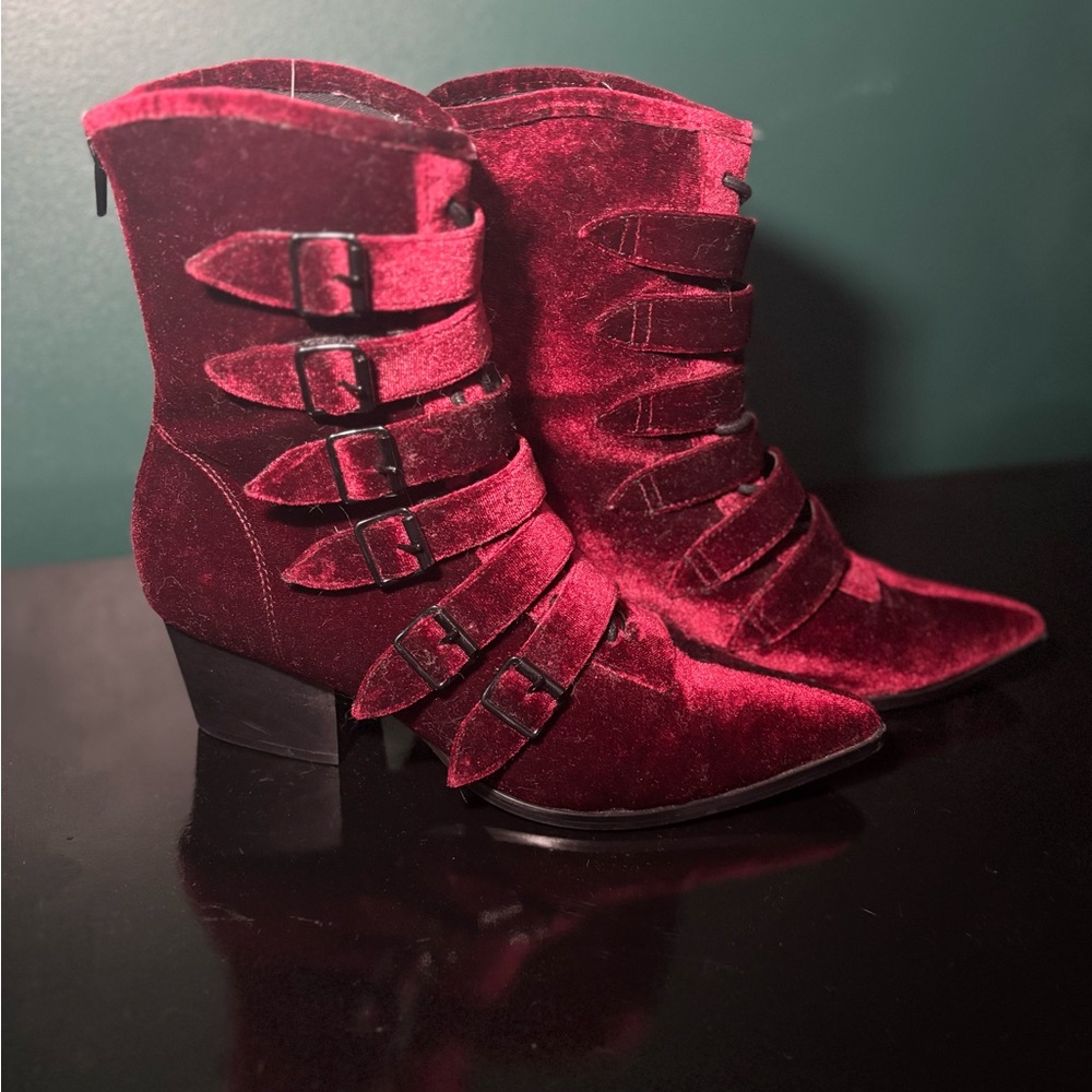 Strangecult Burgundy Velvet Witchy Ankle Boots